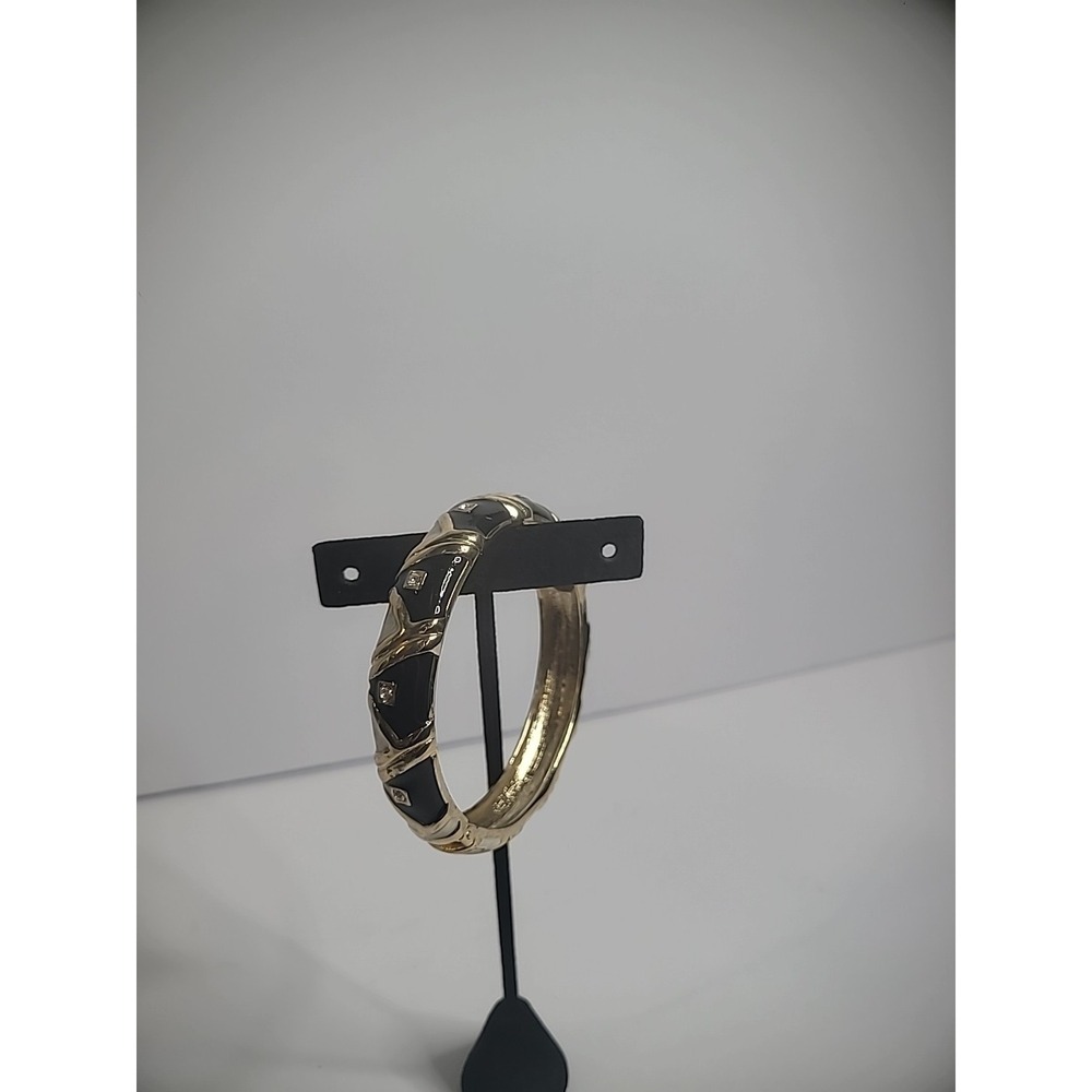 Vintage Bangle Bracelet Black Beige Crystal Rhinestone Hinged Jewelry Costume